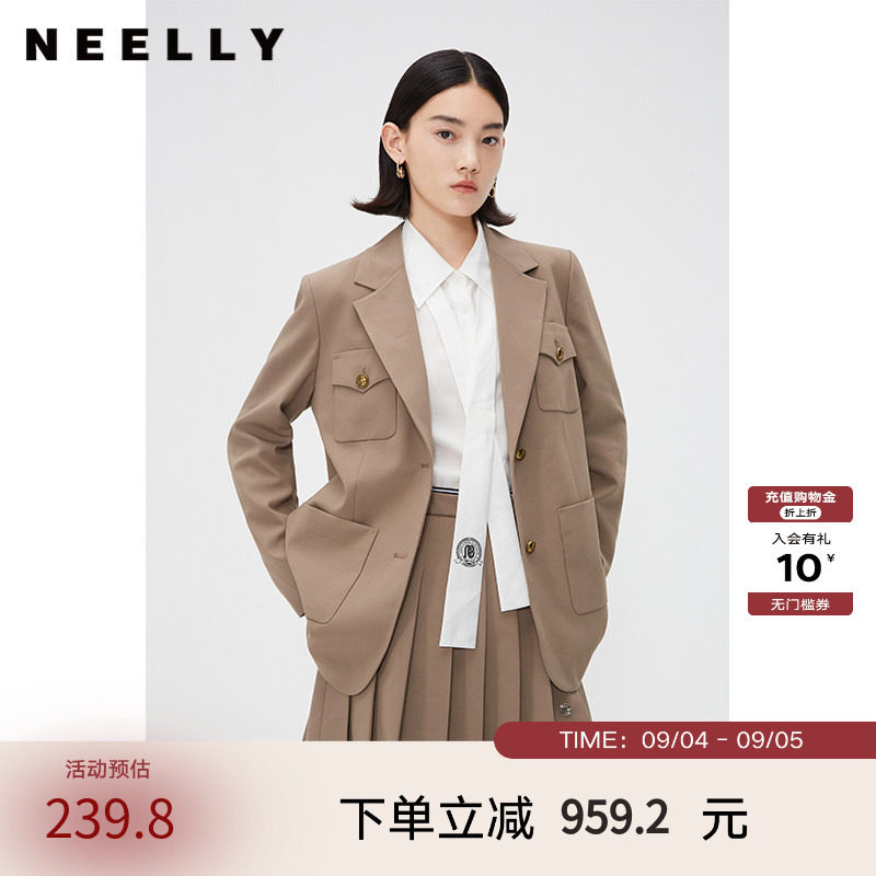 NEELLY纳俪商场同款春秋款英伦风西装外套女韩版金扣挺阔小西服