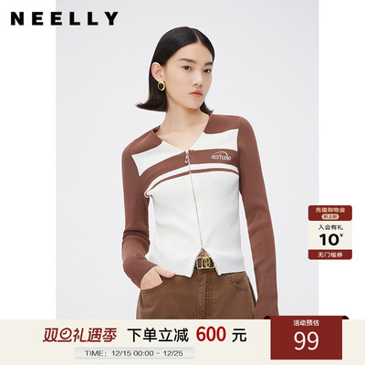 NEELLY纳俪商场同款秋V领刺绣双头拉链针织衫女时尚修身酷辣上衣