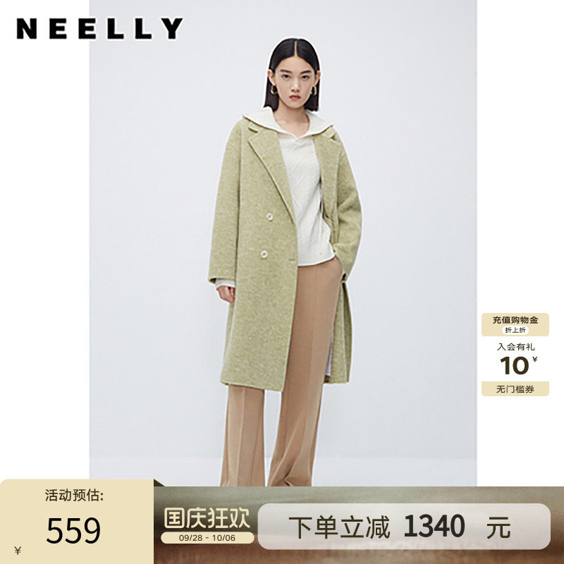 NEELLY纳俪商场同款中长款西装领双面呢大衣韩系气质垂感毛呢外套