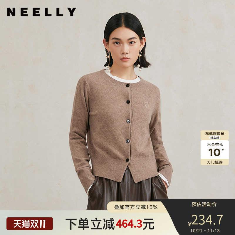 NEELLY纳俪商场同款冬新款100%绵羊毛修身针织开衫女气质通勤毛衣