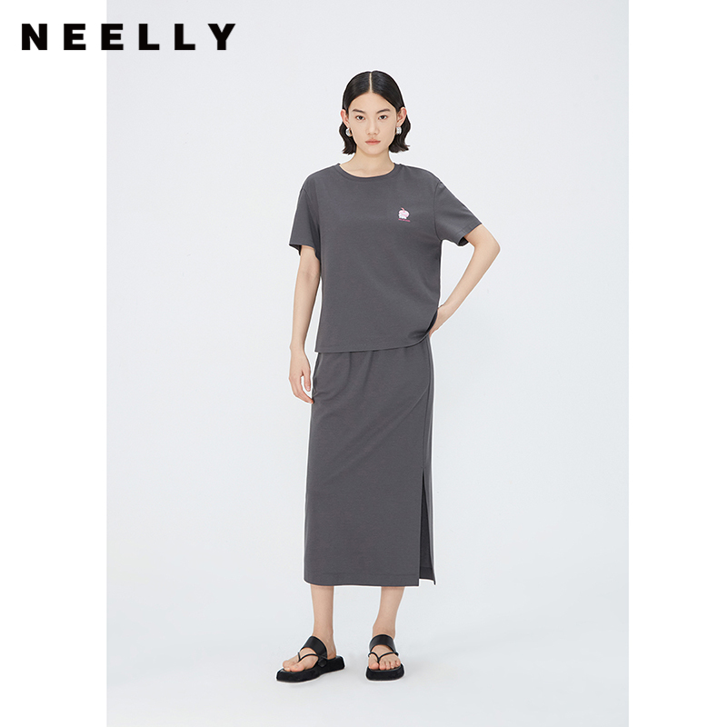 NEELLY纳俪商场同款夏新款时尚两件套T恤开叉半身裙灰色休闲套装