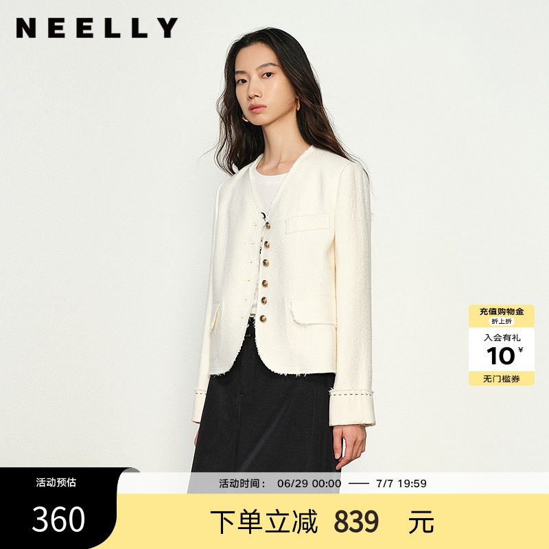 NEELLY纳俪商场同款春秋新款气质小香风短外套女百搭圆领上衣