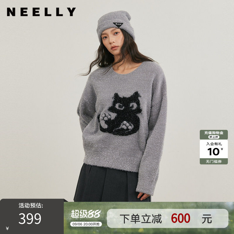 NEELLY纳俪商场同款冬新款减龄小猫撞色针织衫女软糯舒适套头毛衣