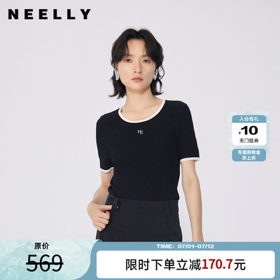 NEELLY纳俪商场同款春新款修身圆领套头短袖针织衫女简约百搭上衣