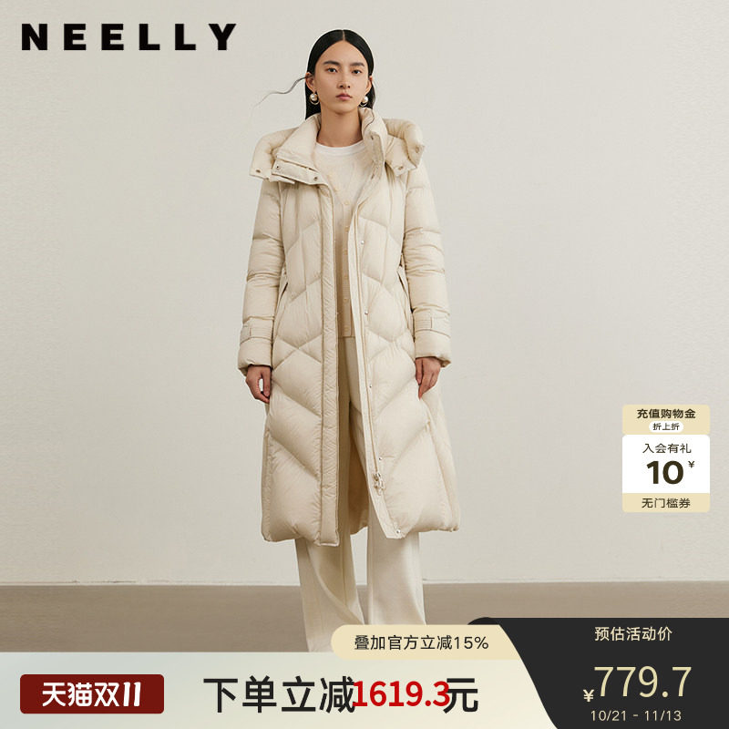 NEELLY纳俪商场同款冬季新款保暖收腰长款连帽外套女白鸭绒羽绒服