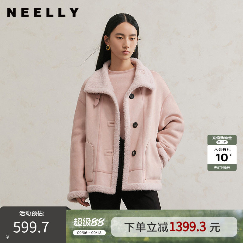 NEELLY纳俪商场同款冬季新款羊毛翻领外套女百搭直筒时尚保暖上衣