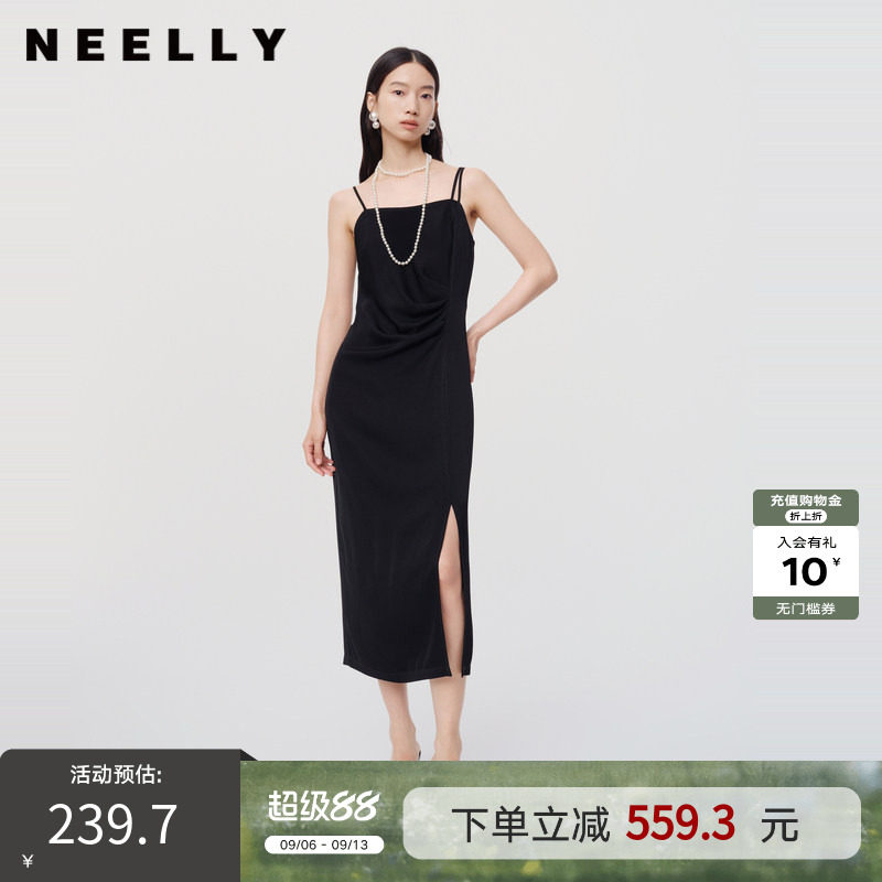 NEELLY纳俪商场同款春秋新款醋纤黑色设计感收腰吊带连衣裙女简约