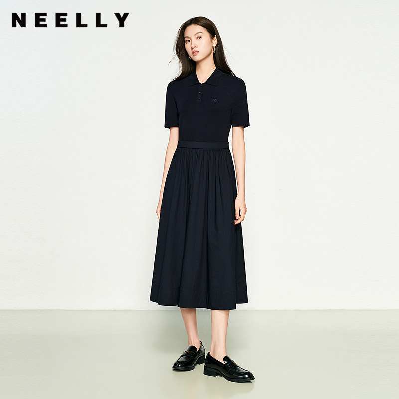 NEELLY纳俪商场同款春夏新款翻领收腰百搭连衣裙女通勤气质长裙
