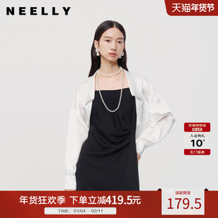 NEELLY纳俪商场同款秋新款舒适白色长袖醋纤短外套女宽松简约上衣