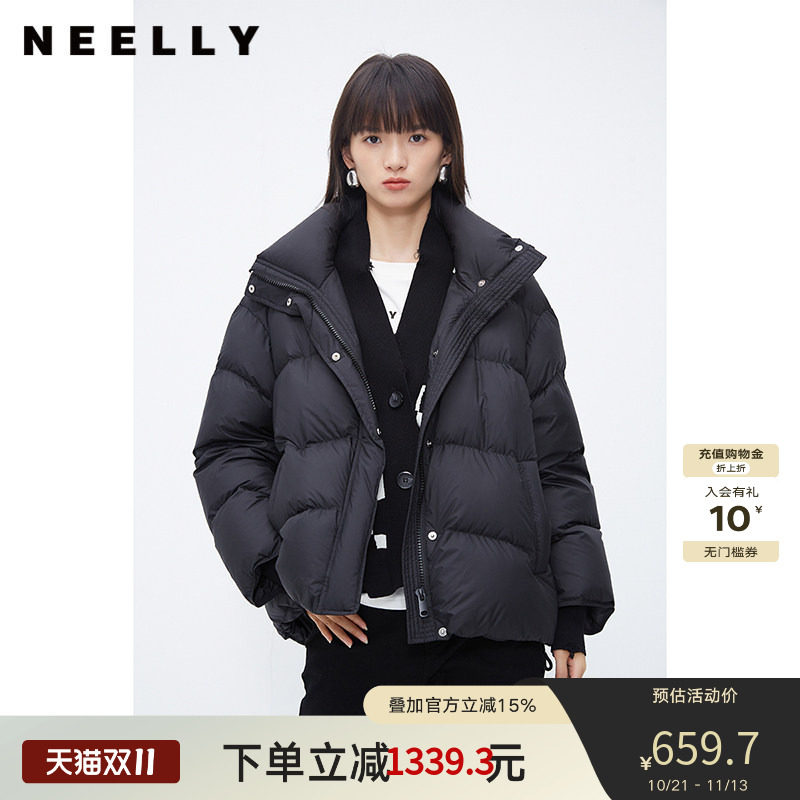 NEELLY纳俪商场同款棋盘格针织假两件羽绒服女短款冬黑色立领上衣