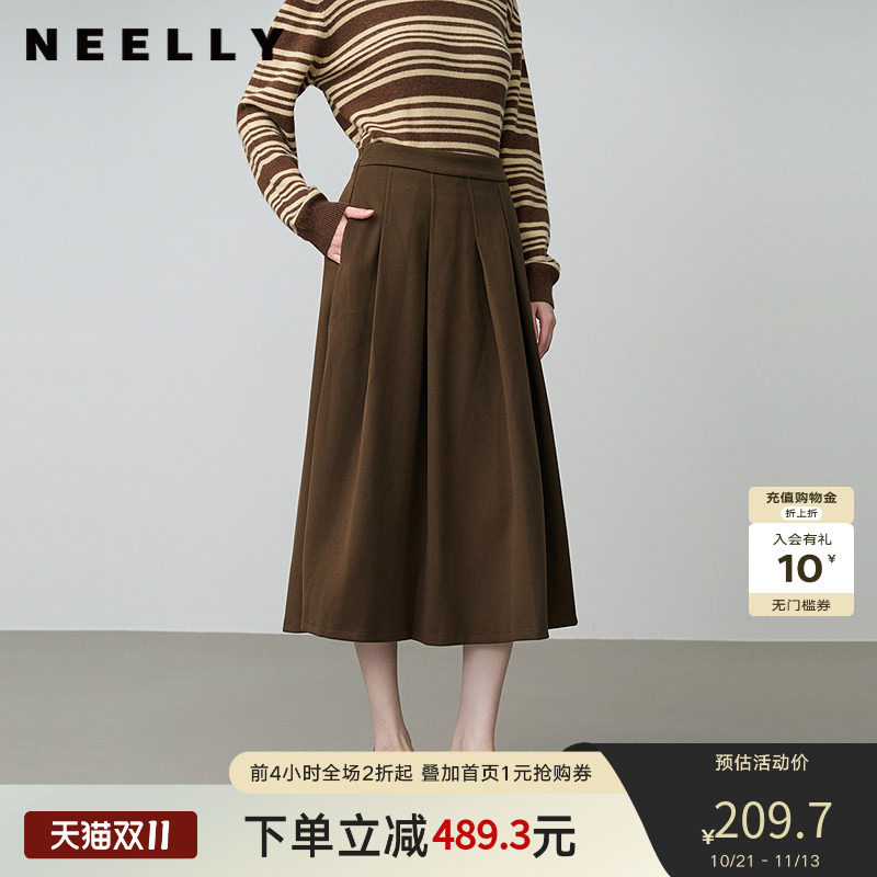 NEELLY纳俪春新款商场同款复古百搭A字半身裙女显白收腰百褶长裙