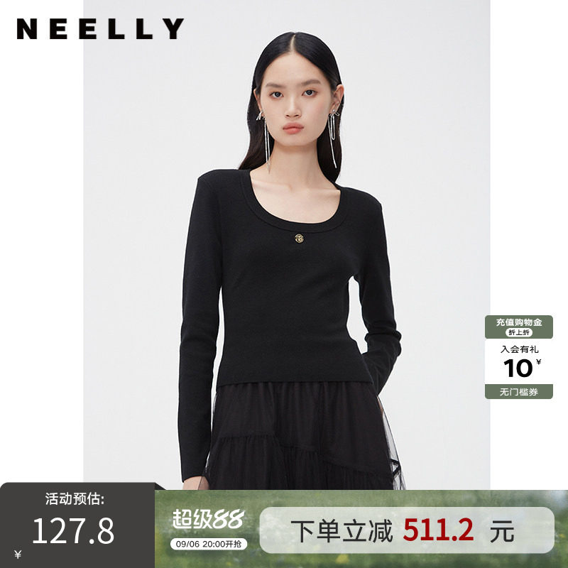 NEELLY纳俪商场同款春秋新款圆领修身纯色打底针织衫女显瘦羊毛衫