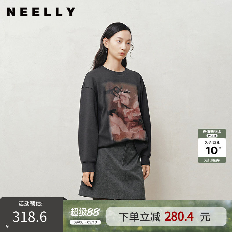 NEELLY纳俪商场同款冬新款时尚宽松印花卫衣女休闲文艺套头上衣
