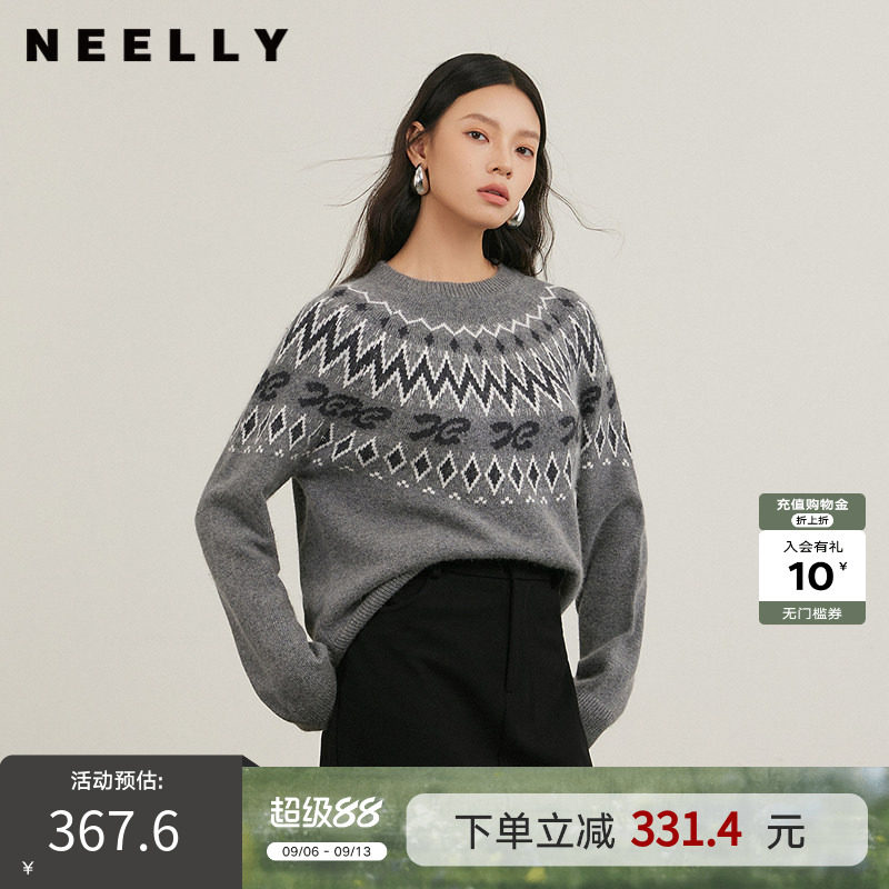 NEELLY纳俪商场同款冬季新款民族提花圆领撞色毛衣女提花显瘦上衣