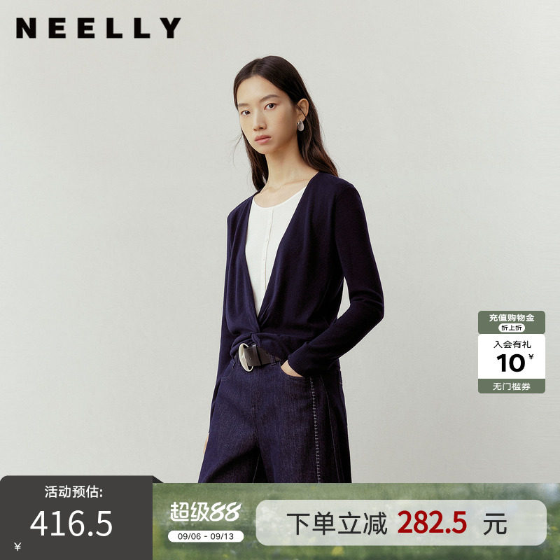 NEELLY纳俪商场同款秋新款设计感撞色假两件针织衫女休闲通勤上衣