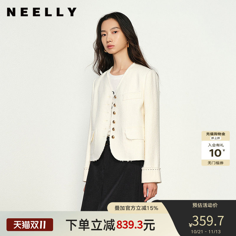 NEELLY纳俪商场同款春秋新款气质小香风短外套女百搭圆领上衣