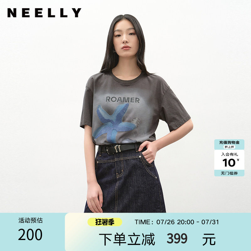 NEELLY纳俪商场同款夏季新款百搭圆领印花T恤女休闲简约透气上衣