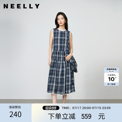 NEELLY纳俪商场同款秋季新款复古个性蓝格连衣裙女无袖百搭长裙