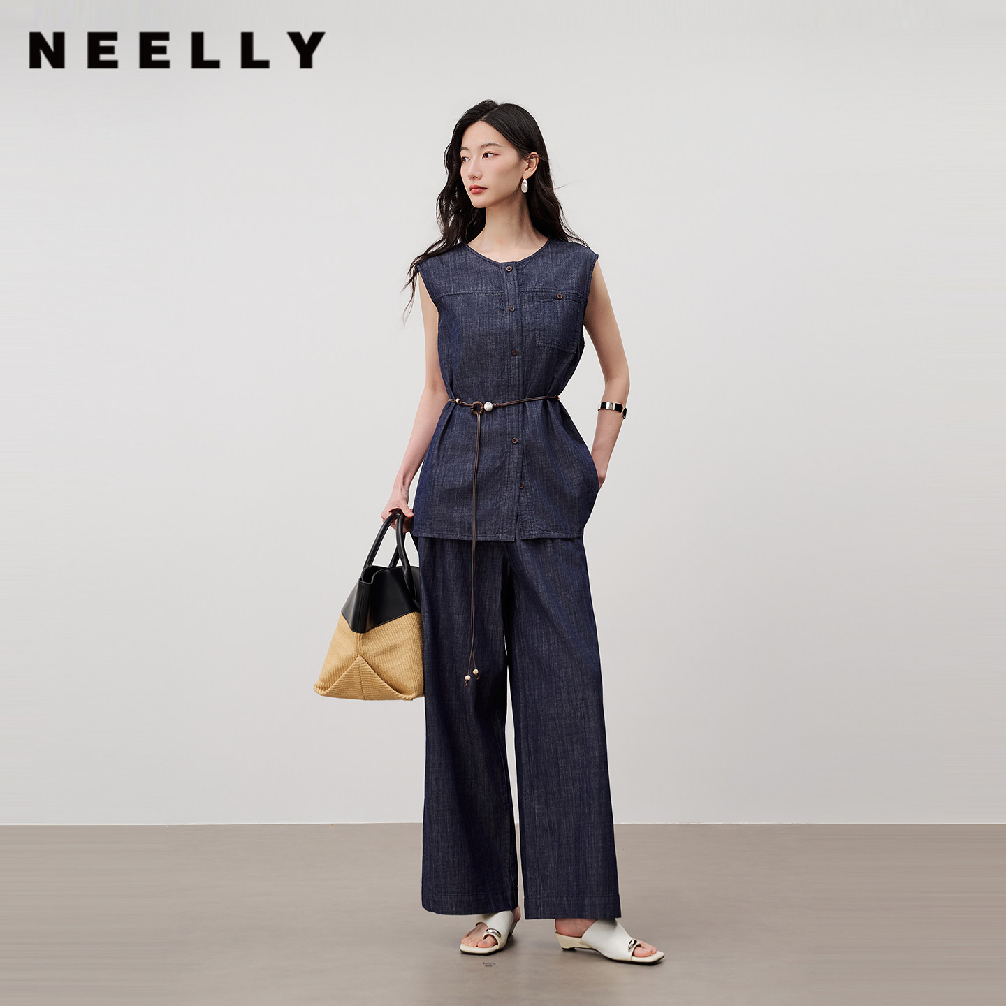 NEELLY纳俪商场同款夏新款复古无袖牛仔套装女气质通勤长裤两件套
