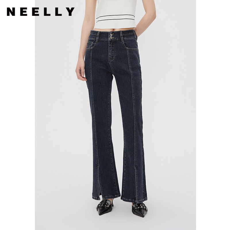 NEELLY纳俪商场同款秋款潮流复古辣妹百搭时髦高腰显瘦微喇牛仔裤