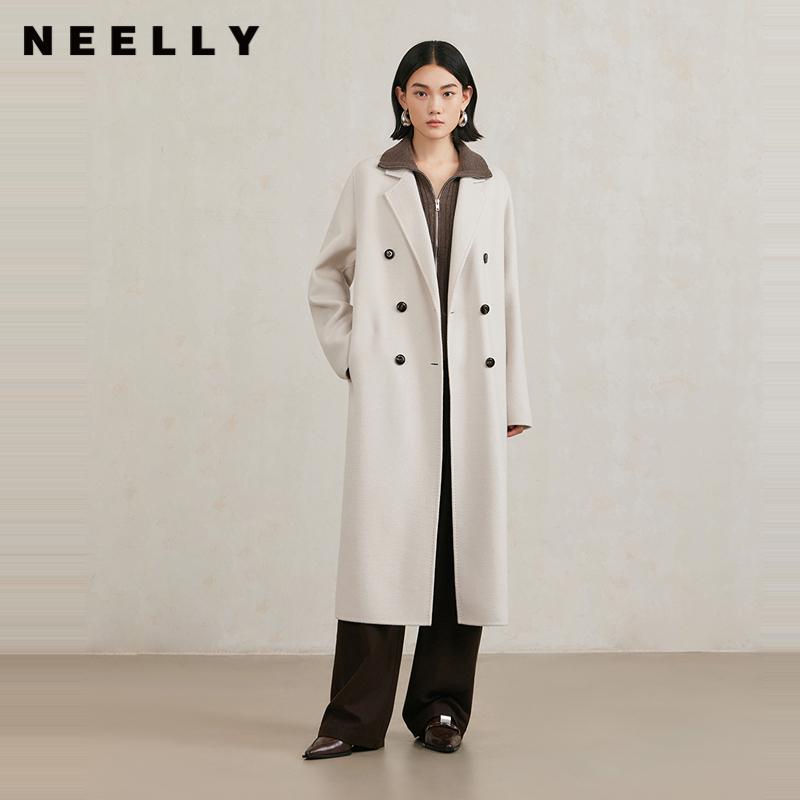 NEELLY纳俪商场同款冬季新款纯羊毛长款双面呢大衣气质通勤外套女
