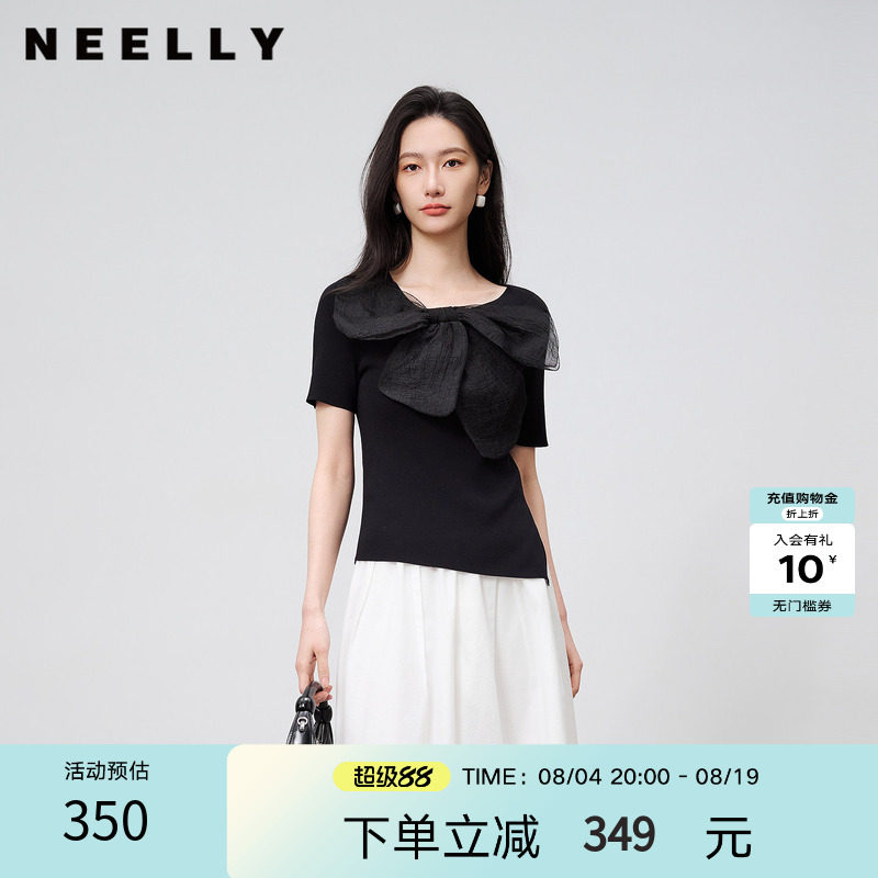 NEELLY纳俪商场同款夏新款法式气质蝴蝶结针织衫女修身显瘦短上衣