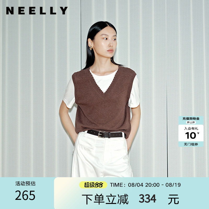 NEELLY纳俪商场同款春秋新款假两件休闲针织衫女百搭基础款上衣