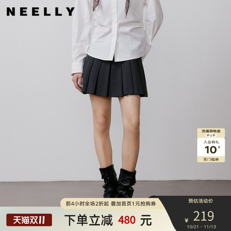 NEELLY纳俪商场同款秋季新款经典学院风减龄百褶裙女气质百搭短裙