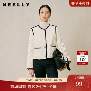 NEELLY纳俪商场同款冬季新款白色菱格短款棉衣女通勤轻薄棉服外套