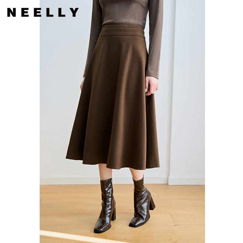 NEELLY纳俪商场同款法式优雅气质中长半身裙高腰显瘦垂感百搭伞裙