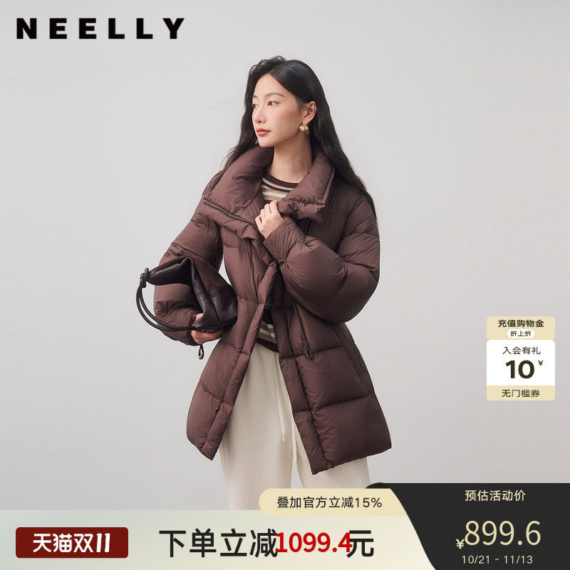 NEELLY纳俪商场同款冬季新款简约腰绳款保暖羽绒服女90白鸭绒外套