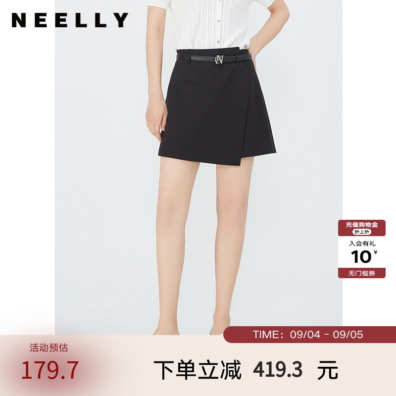 NEELLY纳俪商场同款夏新款黑色高腰不规则A字裙裤女简约百搭短裤
