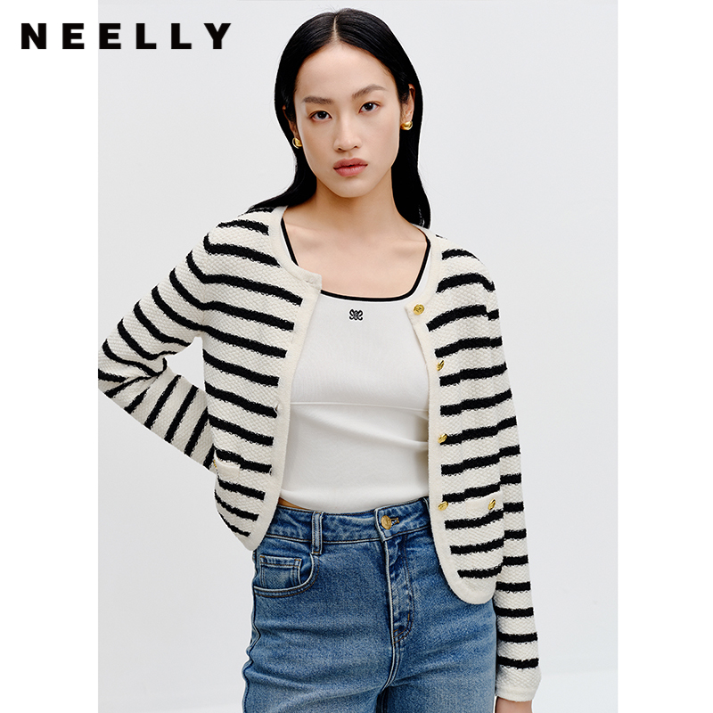 NEELLY纳俪商场同款黑白条纹短外套早秋新款女装长袖法式气质上衣