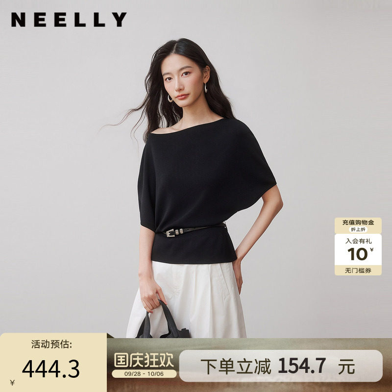 NEELLY纳俪商场同款秋季新款斜肩蝙蝠袖针织衫女宽松慵懒收腰上衣
