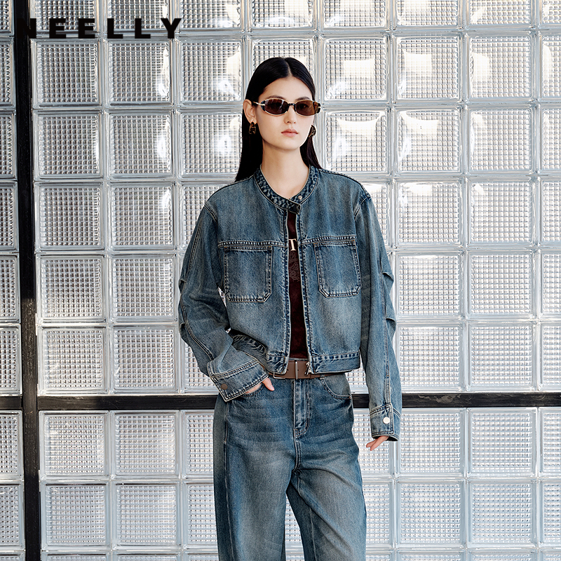 NEELLY纳俪商场同款秋冬新款复古截断式牛仔外套女宽松慵懒短上衣