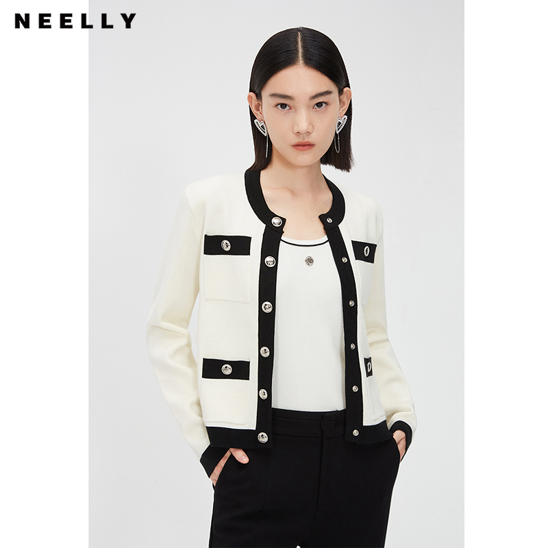 NEELLY纳俪商场同款小香风针织开衫女宽松撞色金属扣装饰通勤上衣