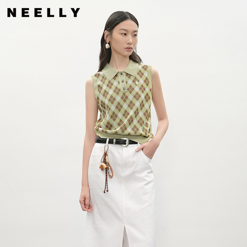 NEELLY纳俪商场同款夏季新款格纹POLO领无袖针织衫女时尚百搭毛衣