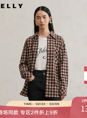 NEELLY纳俪商场同款冬季新款通勤简约翻领格纹衬衫女百搭宽松衬衣