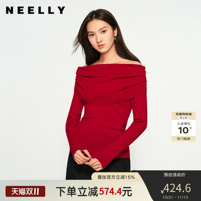 NEELLY纳俪商场同款冬季新款一字肩个性显瘦针织衫女气质简约上衣