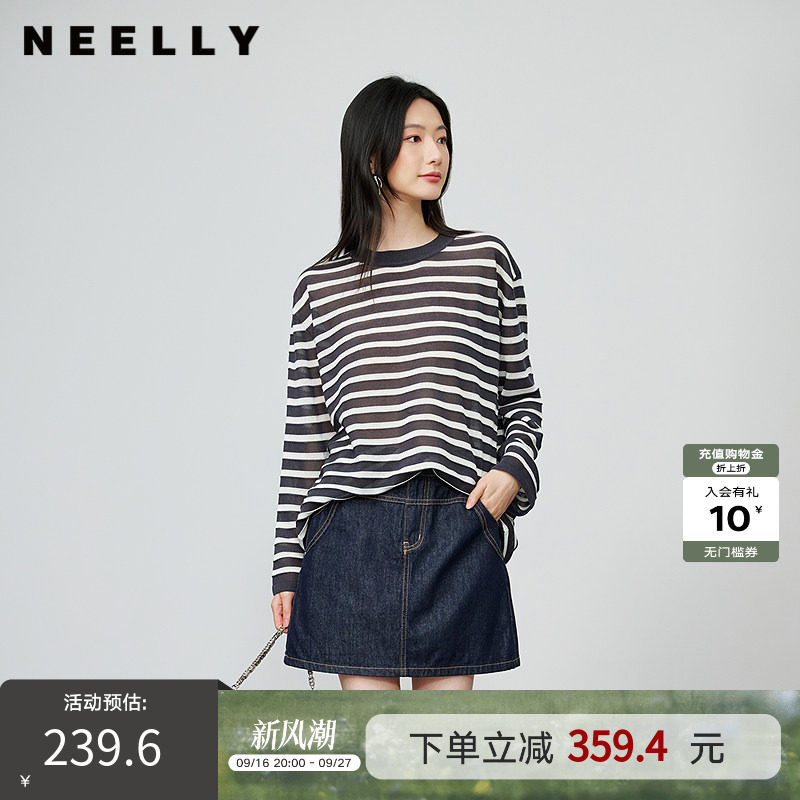 NEELLY纳俪商场同款秋季新款时尚圆领条纹T恤女宽松舒适针织衫