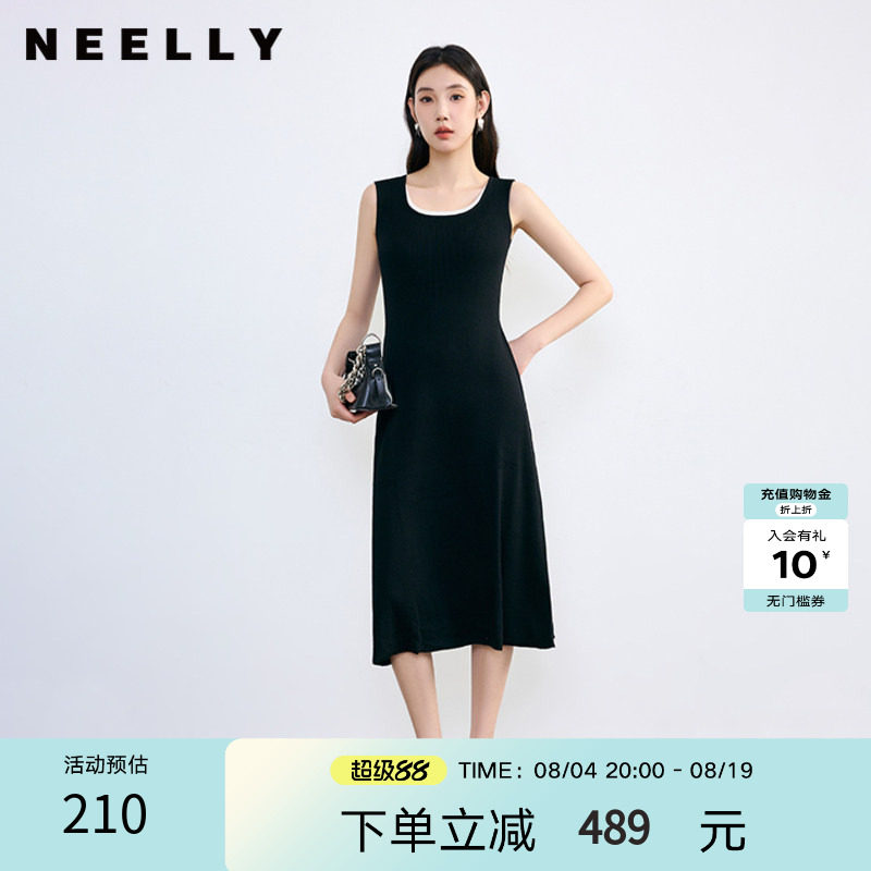 NEELLY纳俪春秋新款商场同款假两件休闲背心黑色针织连衣裙女