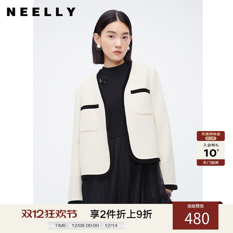 NEELLY纳俪商场同款小香风双面呢大衣女冬季新款100%绵羊毛短外套
