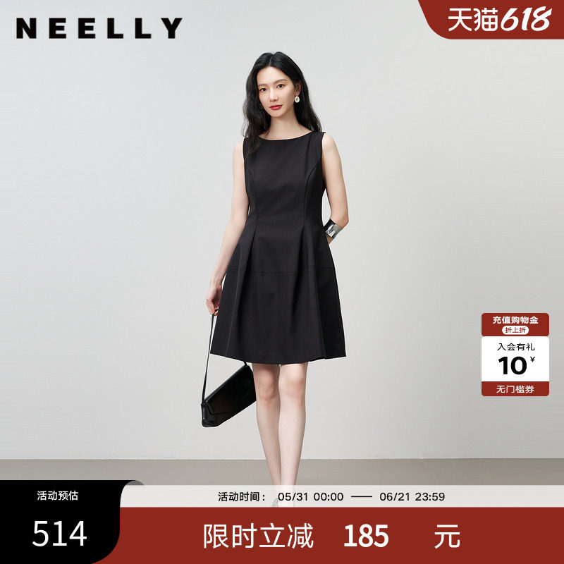 NEELLY纳俪商场同款夏新款无袖收腰小黑裙女赫本风小个子A字长裙