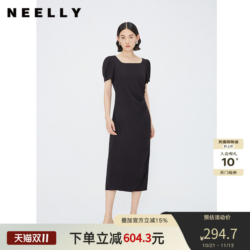 NEELLY纳俪商场同款夏季新款泡泡袖连衣裙女褶皱显瘦方领气质长裙