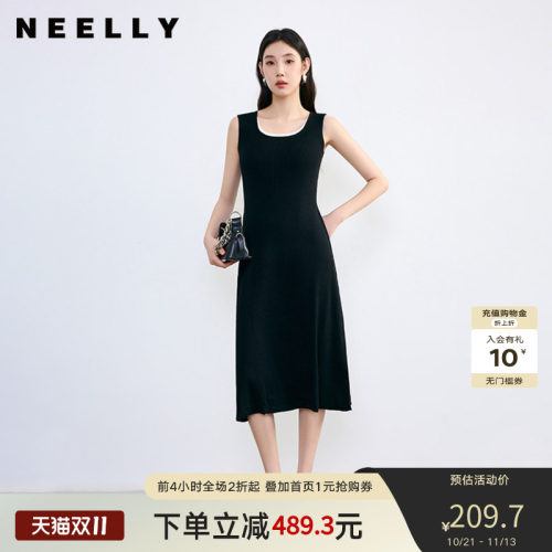 NEELLY纳俪春秋新款商场同款假两件休闲背心黑色针织连衣裙女