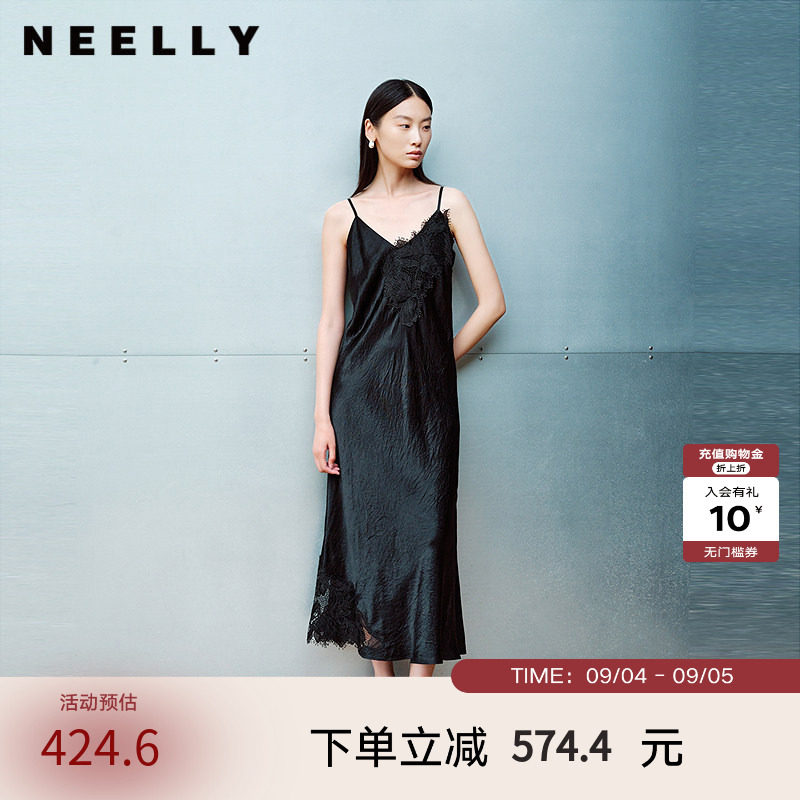 NEELLY纳俪商场同款春秋新款时尚蕾丝设计吊带裙女舒适休闲连衣裙