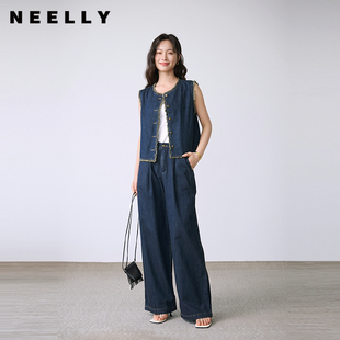 复古牛仔套装 NEELLY纳俪商场同款 时尚 夏季 女毛边高级感两件套 新款