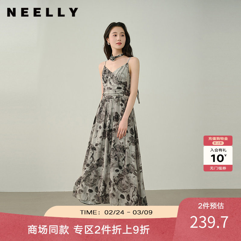 NEELLY纳俪商场同款夏新款新中式水墨风吊带长裙女温柔慵懒连衣裙