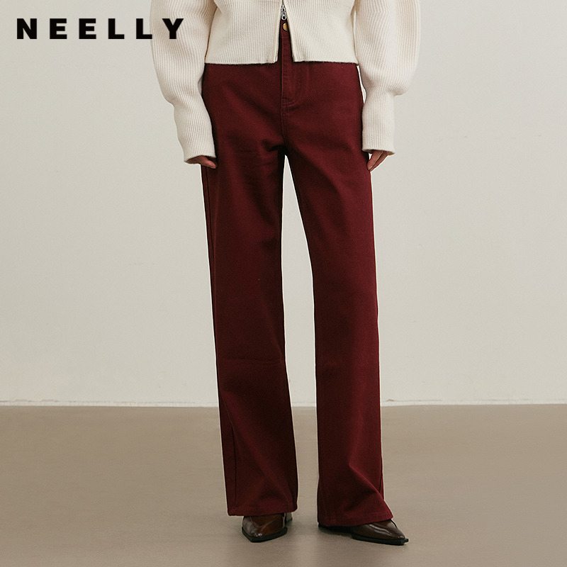 NEELLY纳俪商场同款冬季新款直筒时髦百搭牛仔裤女小个子阔腿长裤