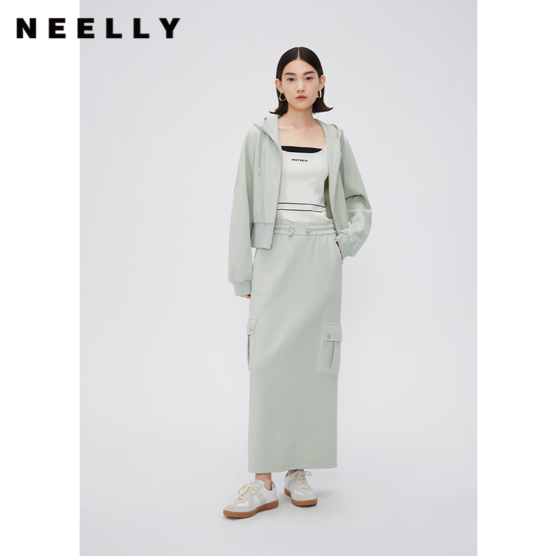 NEELLY纳俪商场同款时尚套装女后开叉直筒休闲工装裙百搭连帽外套